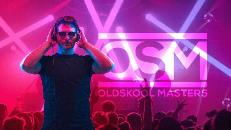 oldskool Masters show banner showing DJ holding headphones in front of clubs lights