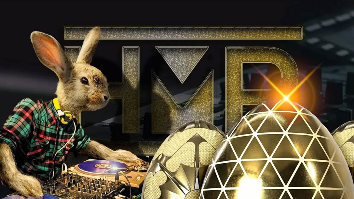 The Bunny Basher header showing a rabbit mixing like a dj next to golden easter eggs