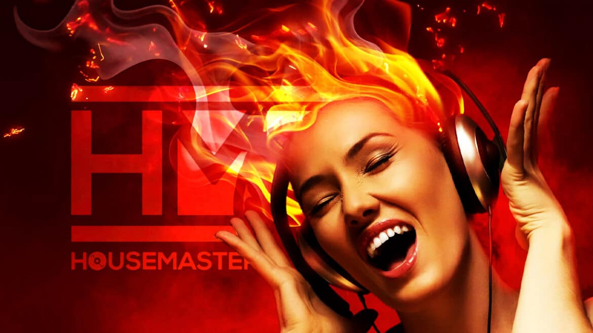 woman wearing headphones with flames coming out to indicate hot music