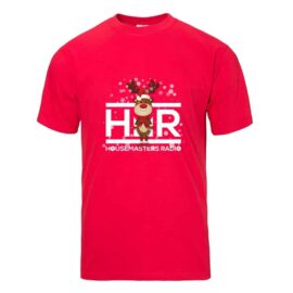 a red christmas mens t-shirt with snow and a reinderr