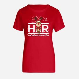 a red christmas womans t-shirt with snow and a reinderr