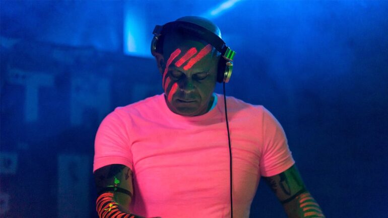 neon themed image of dj / producer Jess Haze in pink t shirt