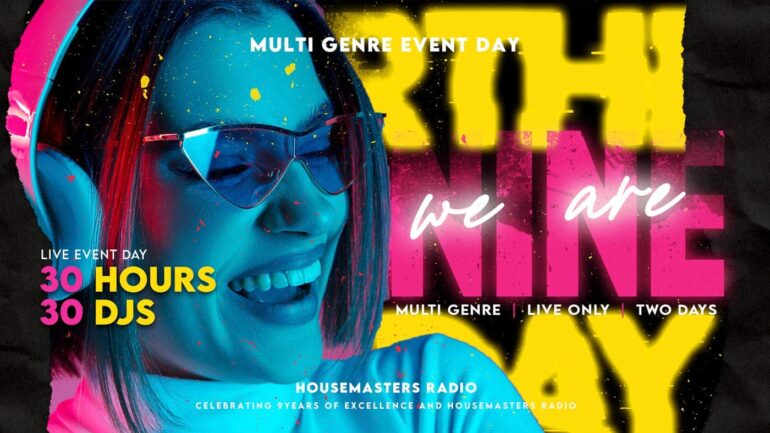 we are nine birthday banner showing woman wearing headphones listening to House music