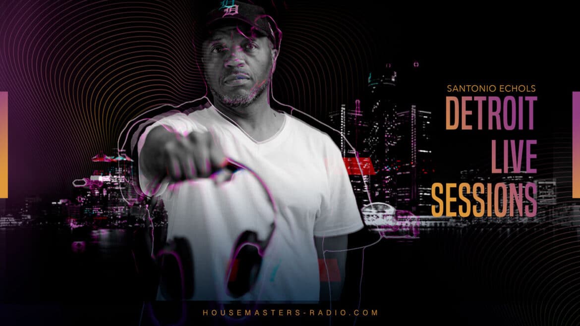 dj producer santonio echols holding headphones infront of Detroit skyline