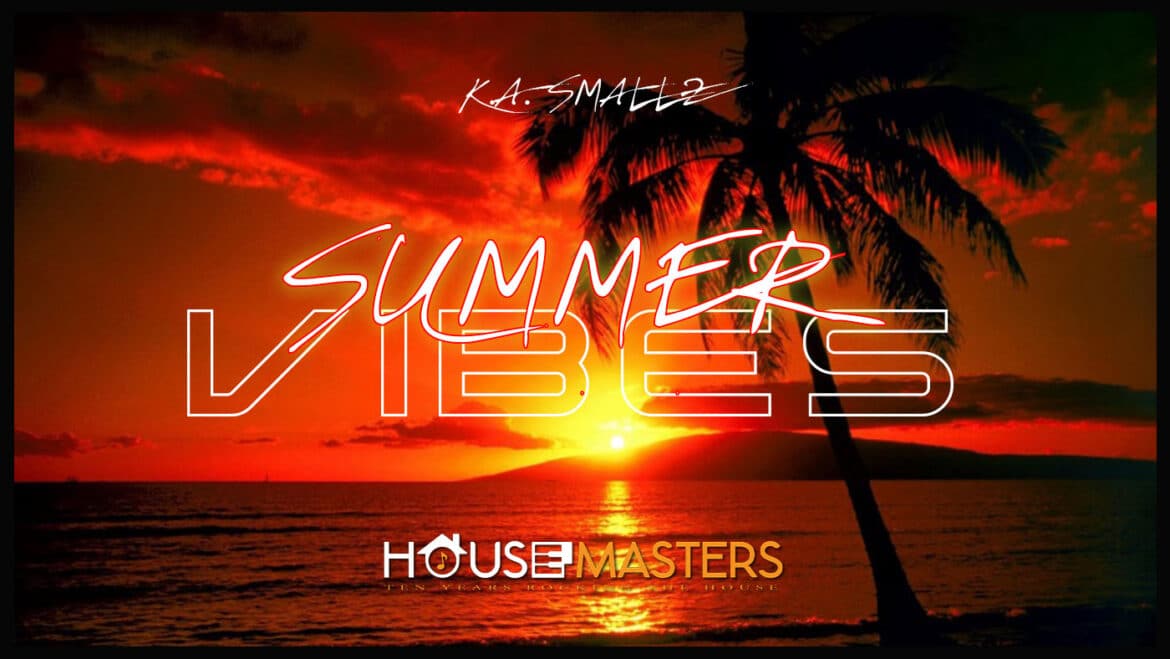 K.A. Smallz Presents - Back2Basics Summer Vibes Special banner showing beautiful red sunset on beach with palm tree