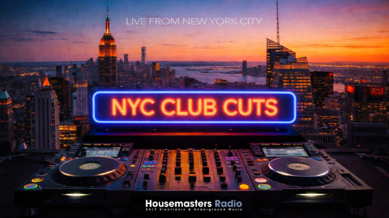 NYC Club Cuts radio show page header showing pioneer dj equipment set up on a roof top overlooking New York city.